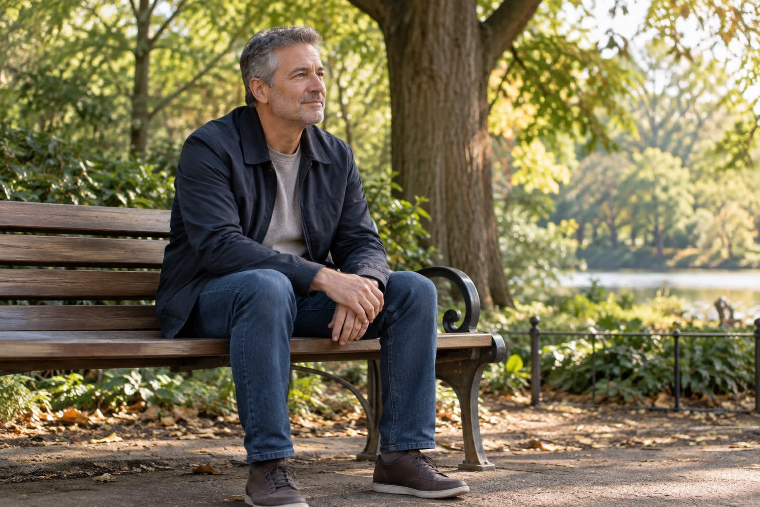 A man sits on a wooden park bench looking out over trees and water.