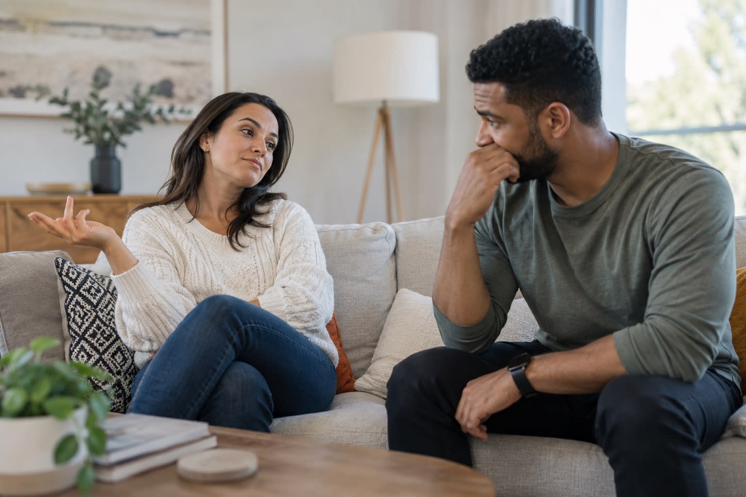 A woman gestures while talking on a sofa as a man sits forward with a worried expression.