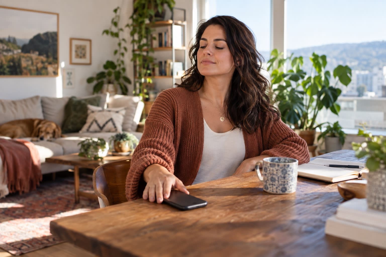 A woman sits with her eyes closed and her hand on a face-down phone.