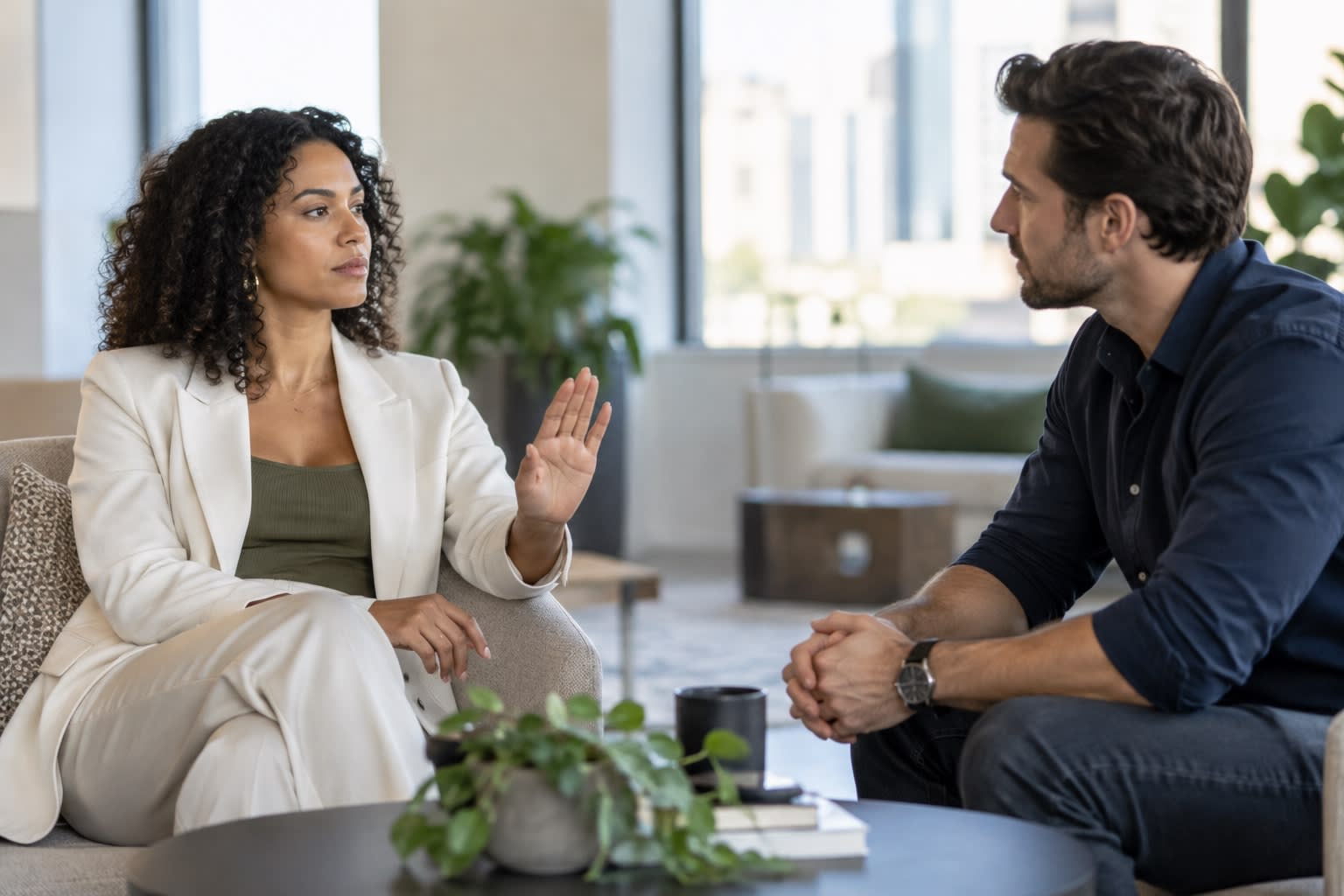 A woman raises her hand in a stop gesture while talking with a man across a coffee table.