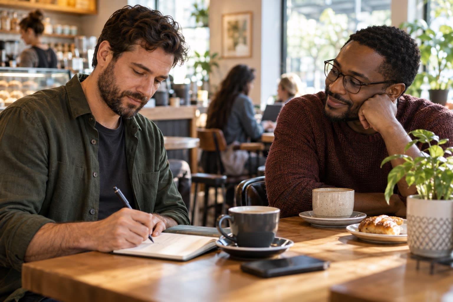 A man writes in a notebook at a cafe table while another man looks on.