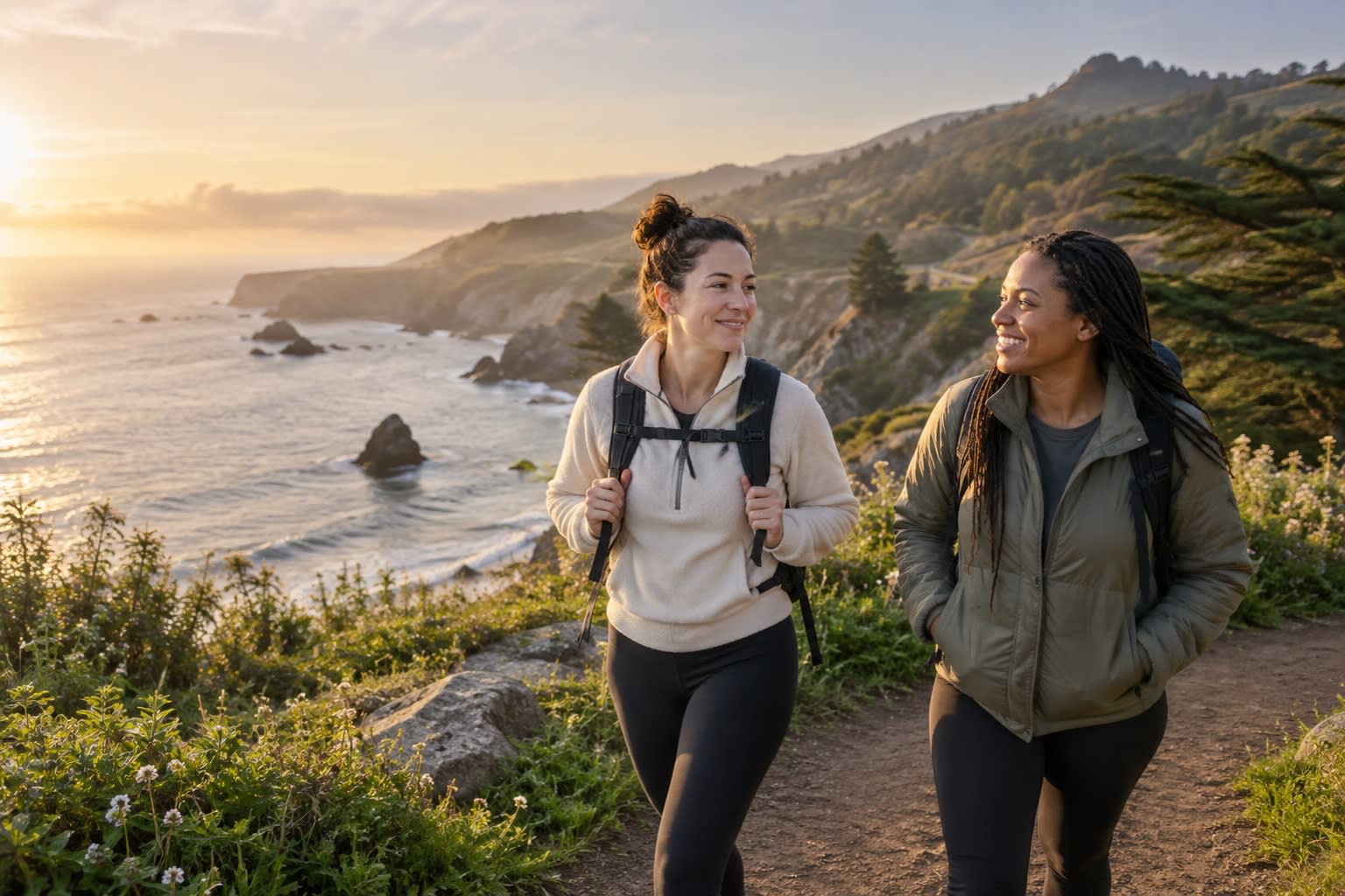 Two friends walk and talk on a coastal trail at sunset.