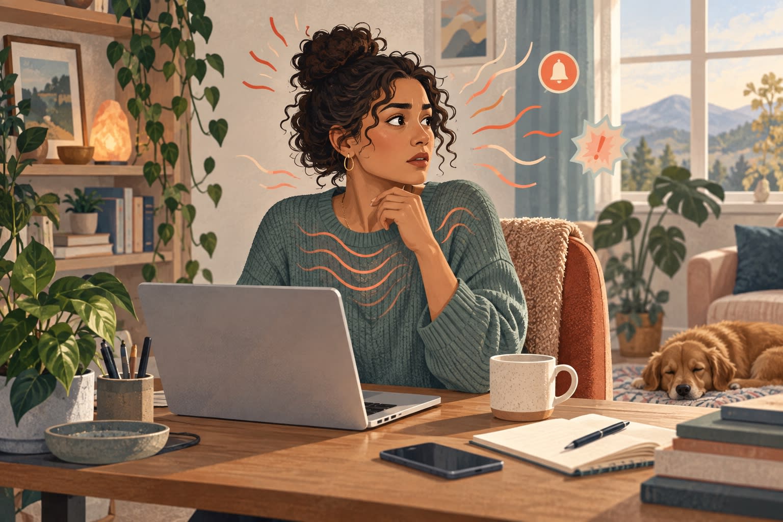 A woman works at a laptop in a calm room while orange alert marks show her nervous system on high alert.