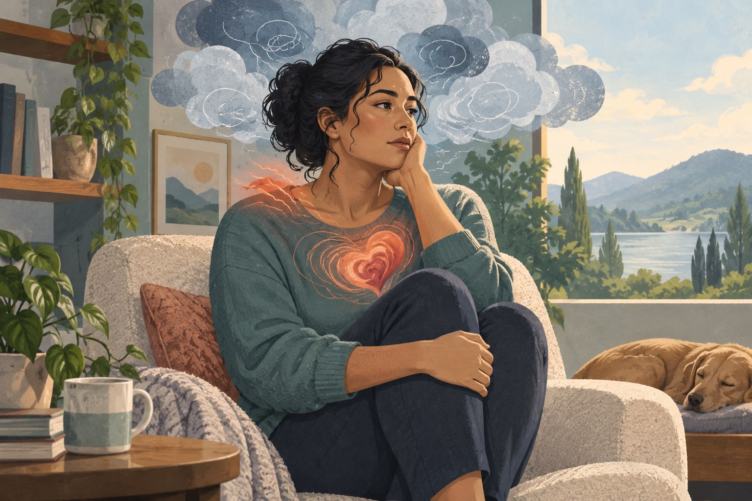 A woman sits with her knees pulled up, dark clouds around her head and a glowing heart on her chest.