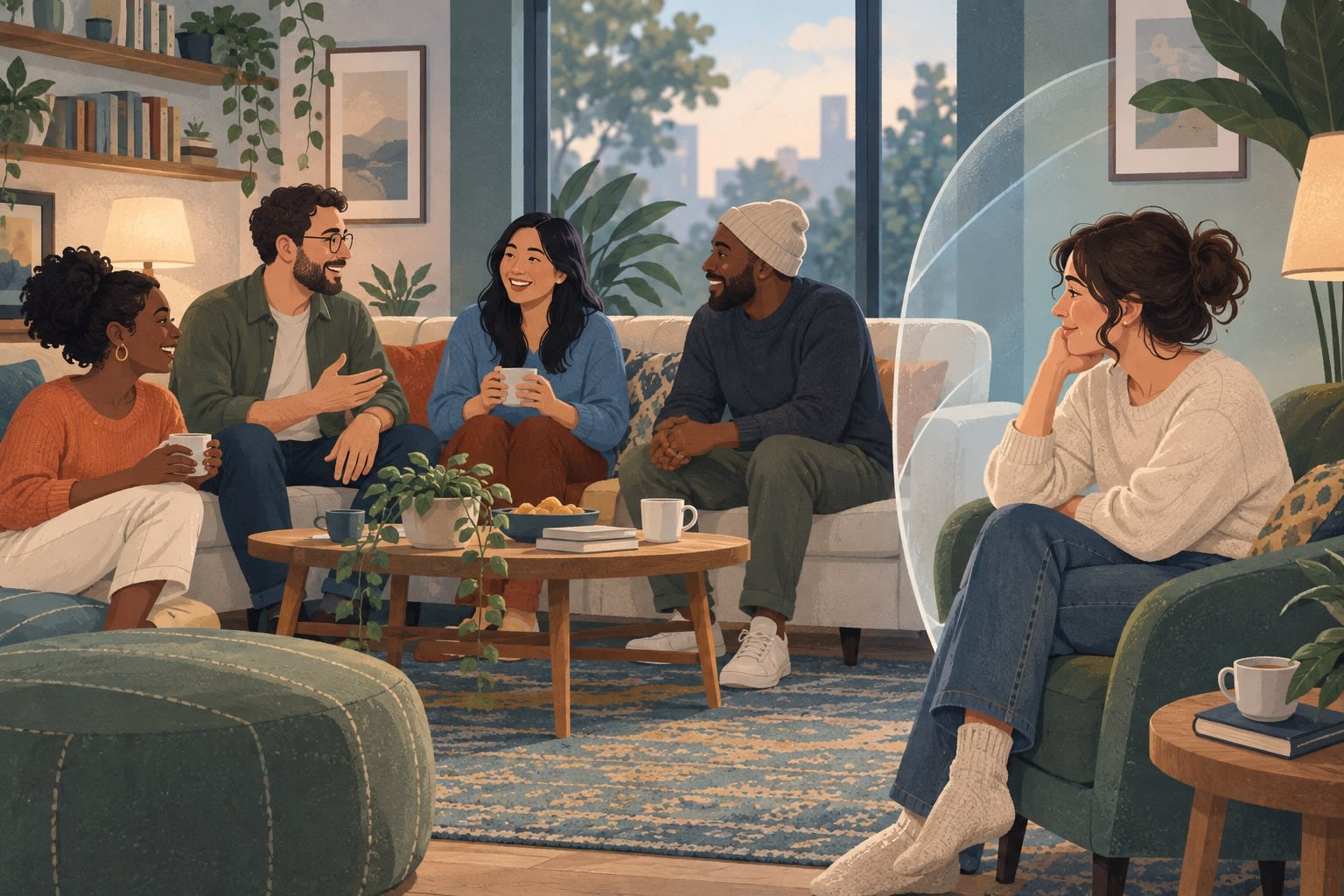 Friends talk together on a sofa while a woman sits apart in a glowing bubble.