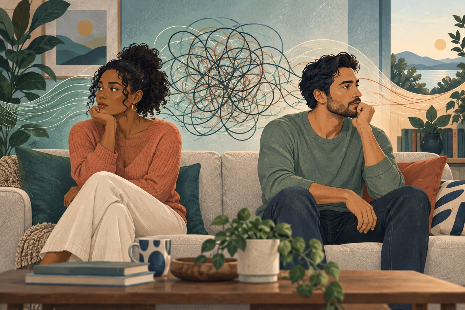 A couple sits on a sofa facing away from each other with a tangle of lines between them.