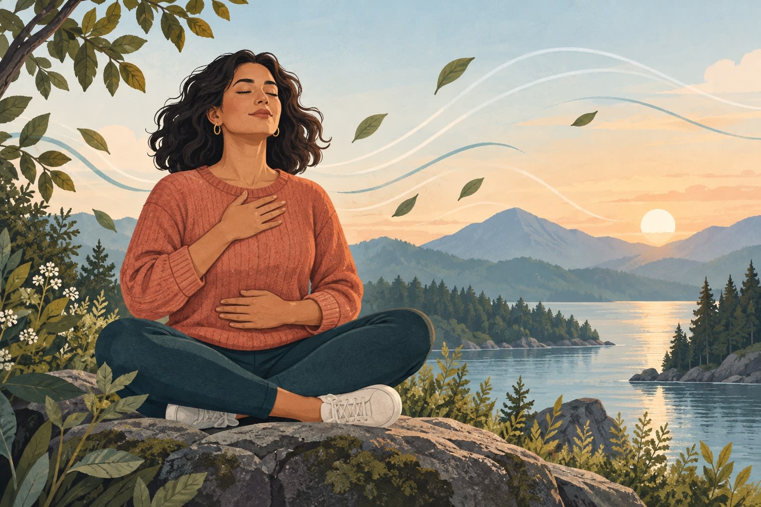 A woman sits on a lakeside rock with one hand on her heart and one on her abdomen.