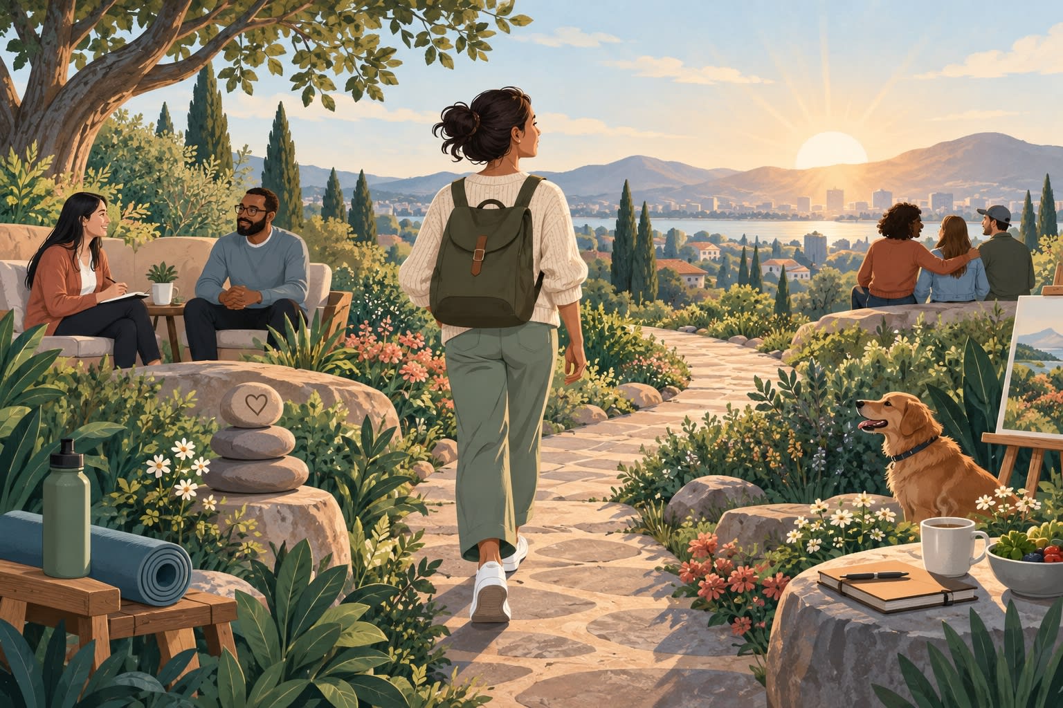 A woman walks a garden path toward sunset while people talk, rest, and make art nearby.