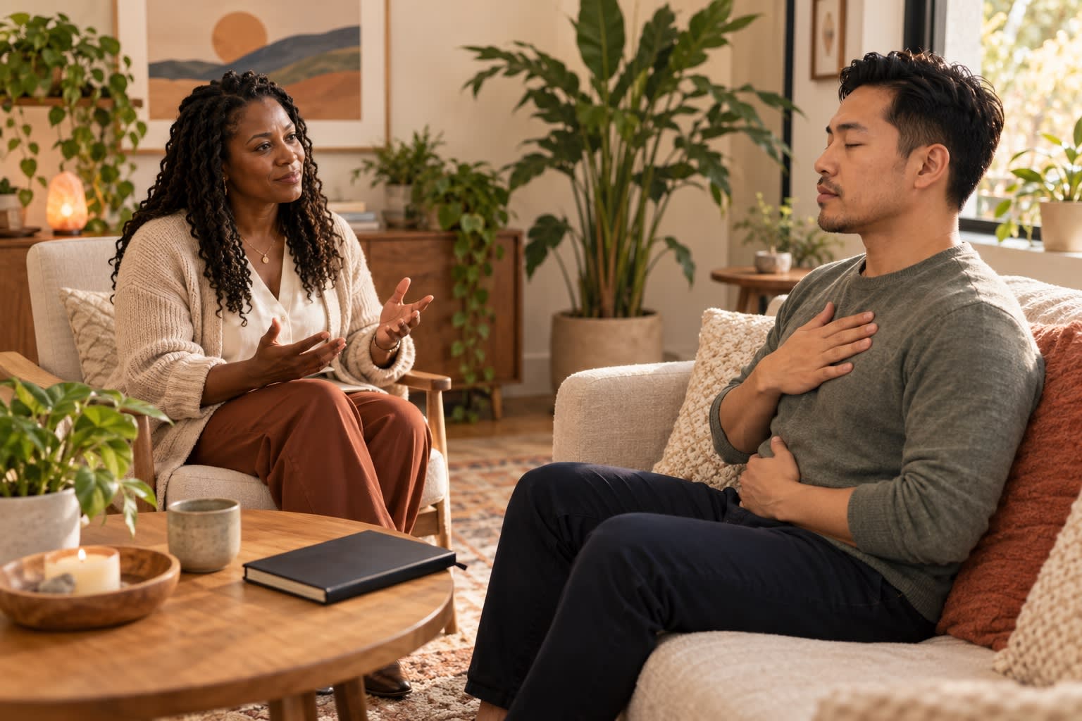 A therapist guides a client through a breathing exercise, his hands on his chest and abdomen.