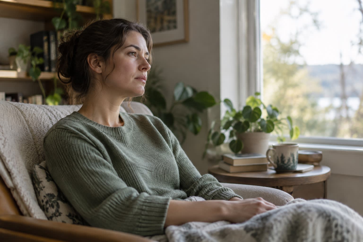 A woman in an olive sweater sits under a blanket and looks out a window, appearing distant and reflective.