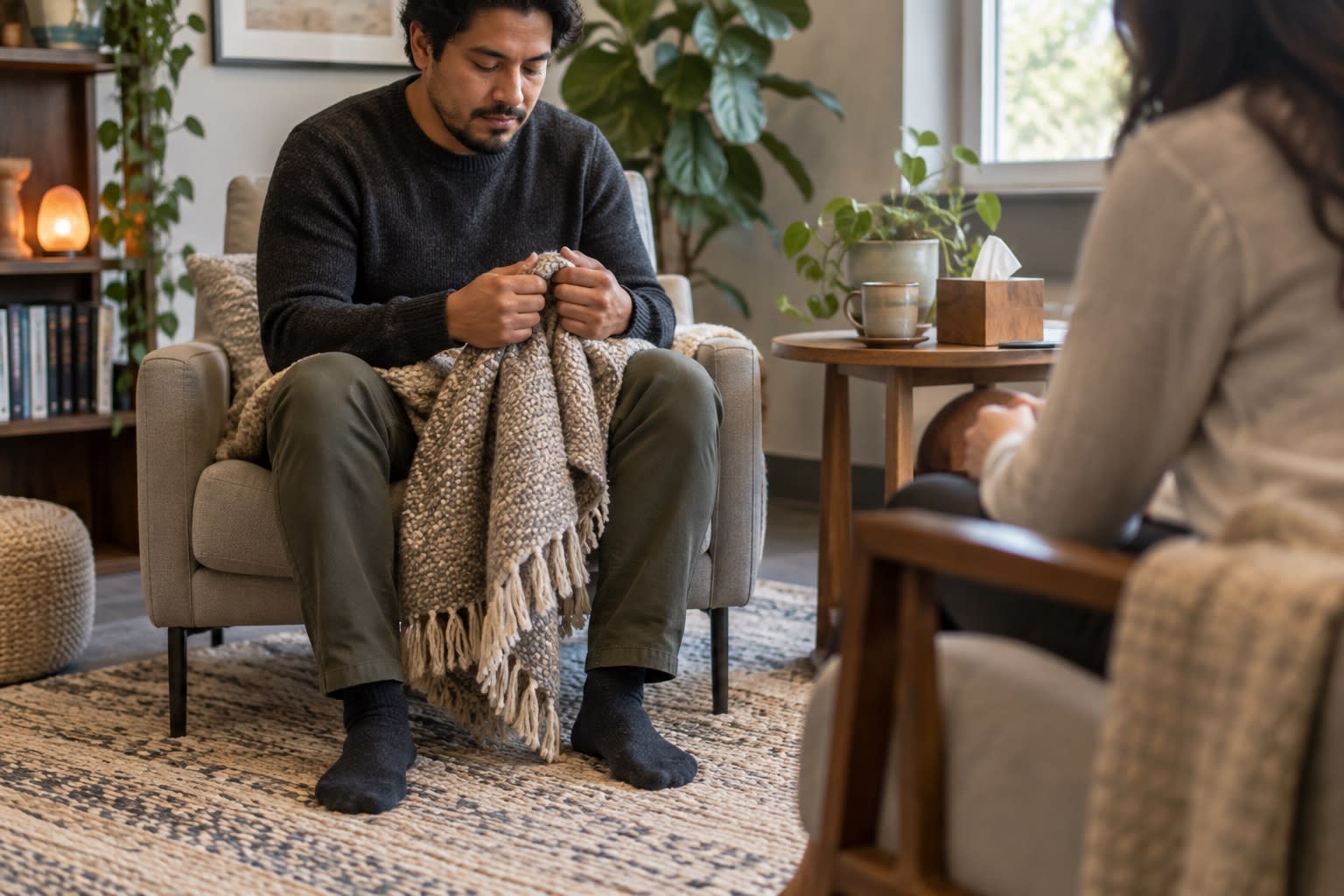 A man holds a textured knit blanket in his lap during a therapy session.