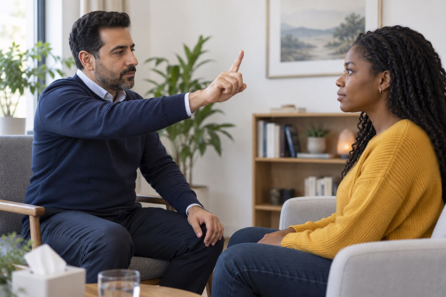 A therapist holds up a finger so a client can follow it with her eyes during EMDR.
