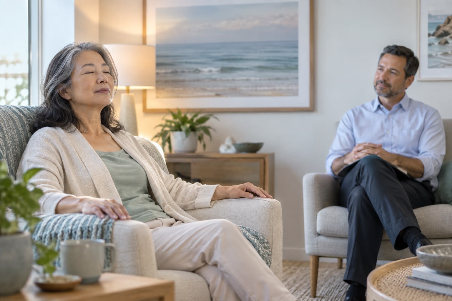 A woman sits with her eyes closed in a bright office while a therapist sits nearby.