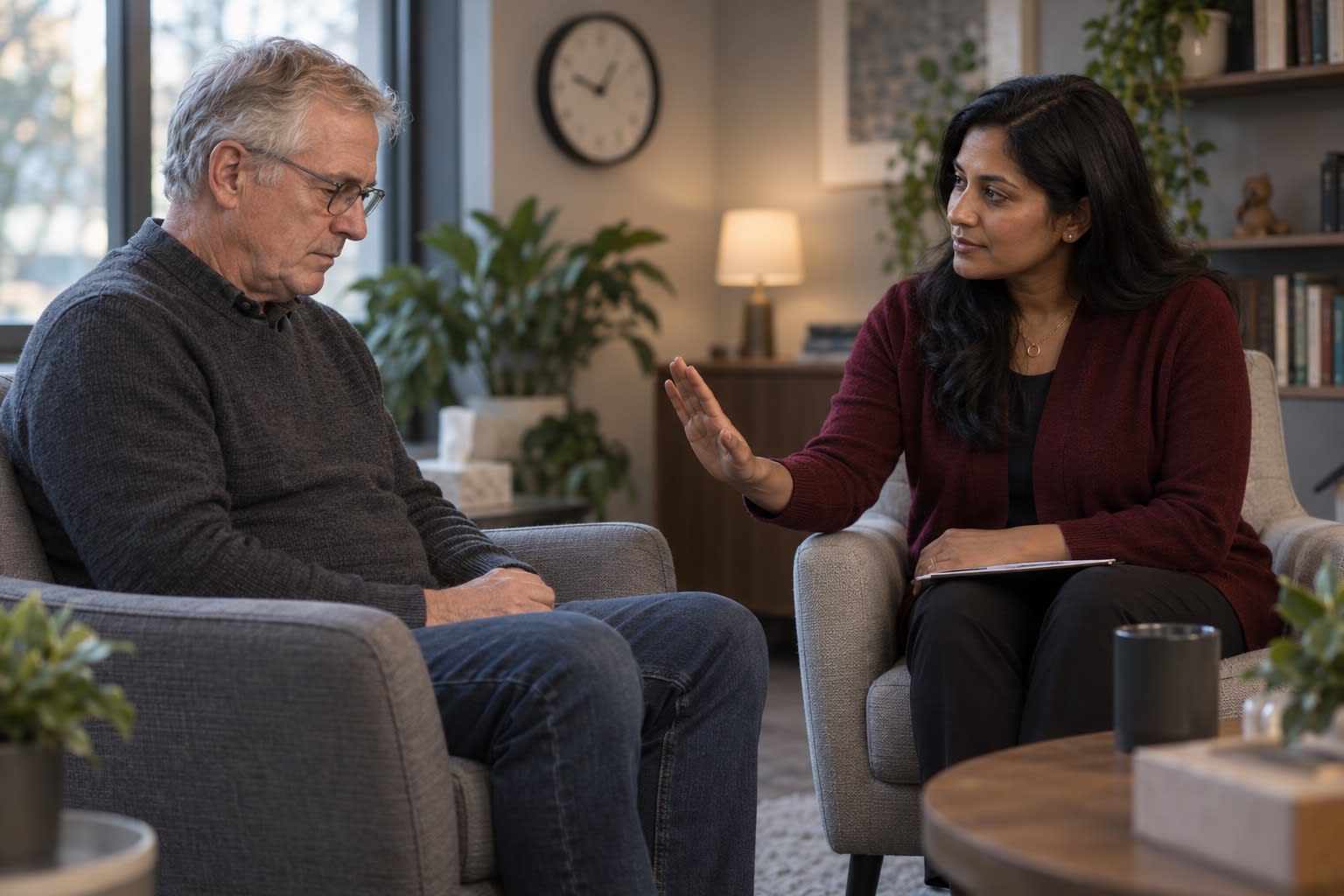 A therapist raises a hand toward an older client as she watches his state during session.