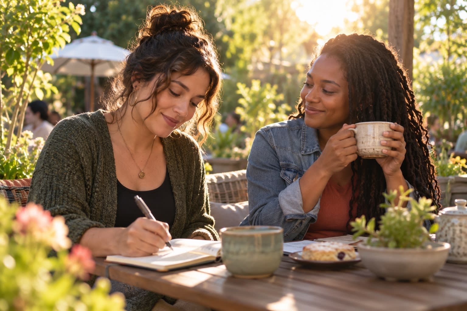Two friends sit at a sunlit outdoor table; one journals while the other holds a mug and listens.