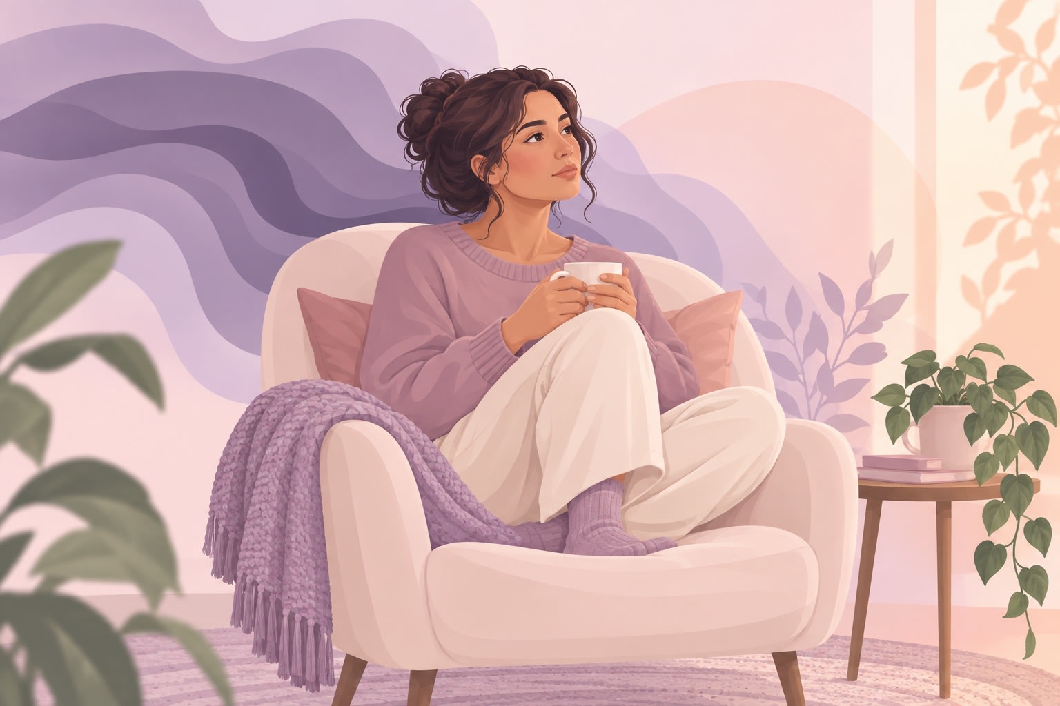 A woman sits in a cream armchair with a mug, looking upward in a calm lavender room.