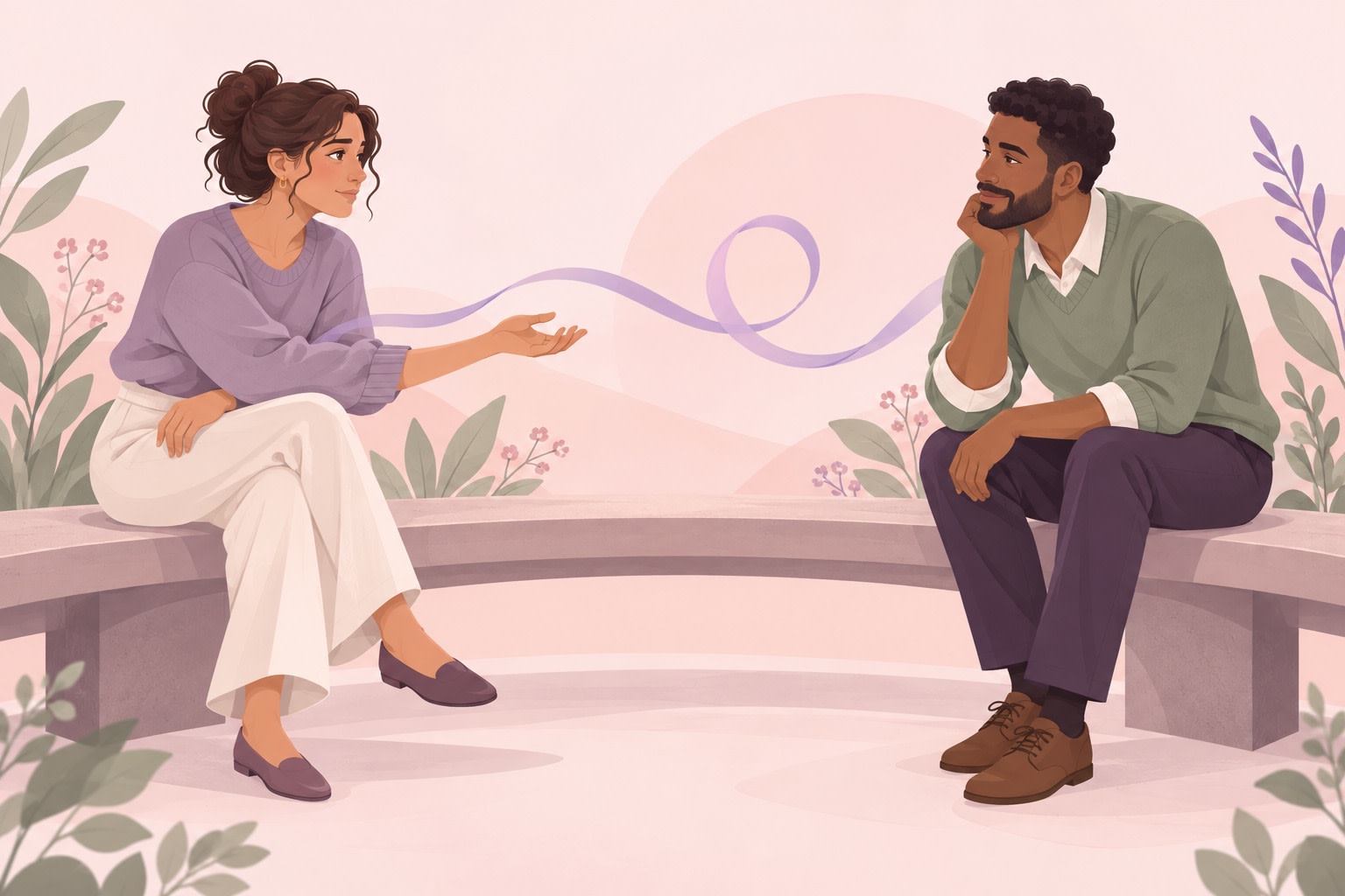 Two people sit on a bench in conversation, a purple ribbon connecting them.
