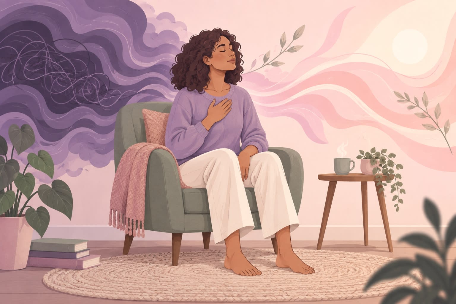 A woman sits with her hand on her chest as dark clouds become calm pink waves.