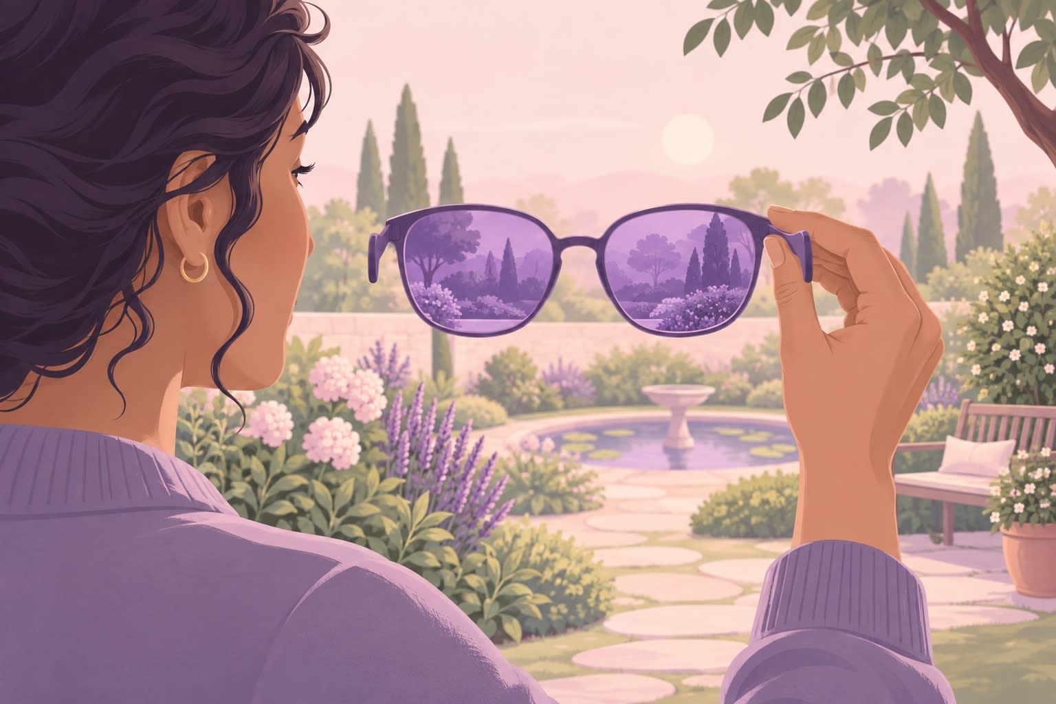 A woman looks through purple-tinted sunglasses at a garden path and fountain.