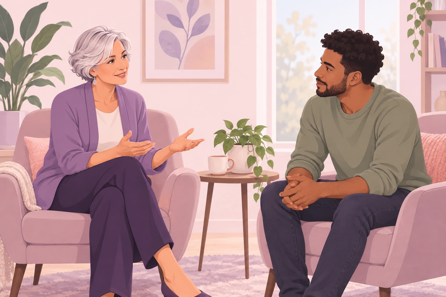 A therapist and client sit facing each other in lilac armchairs during an individual session.