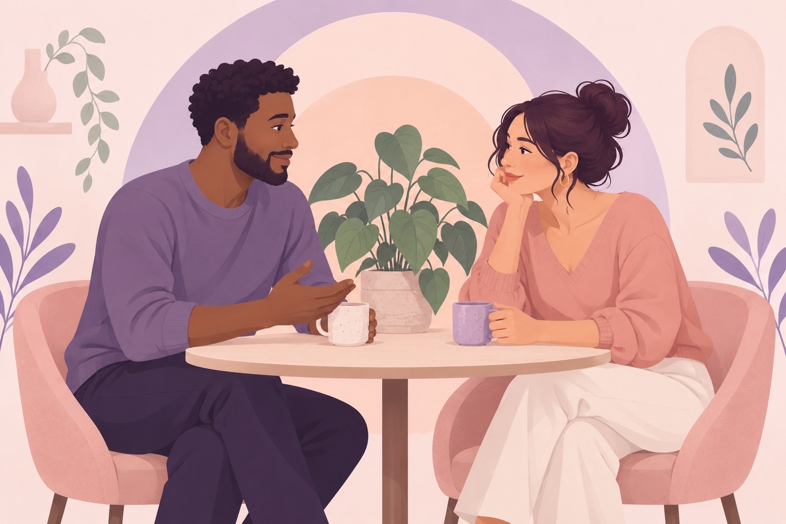 A man and woman sit across a cafe table talking over coffee.