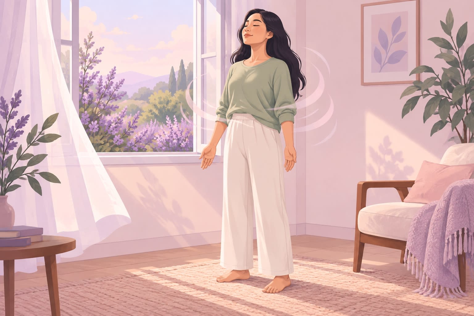 A woman stands barefoot with eyes closed as soft lines circle her torso in a sunlit room.