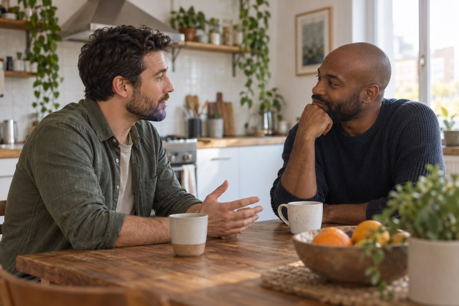 Two men sit at a kitchen table talking over coffee.