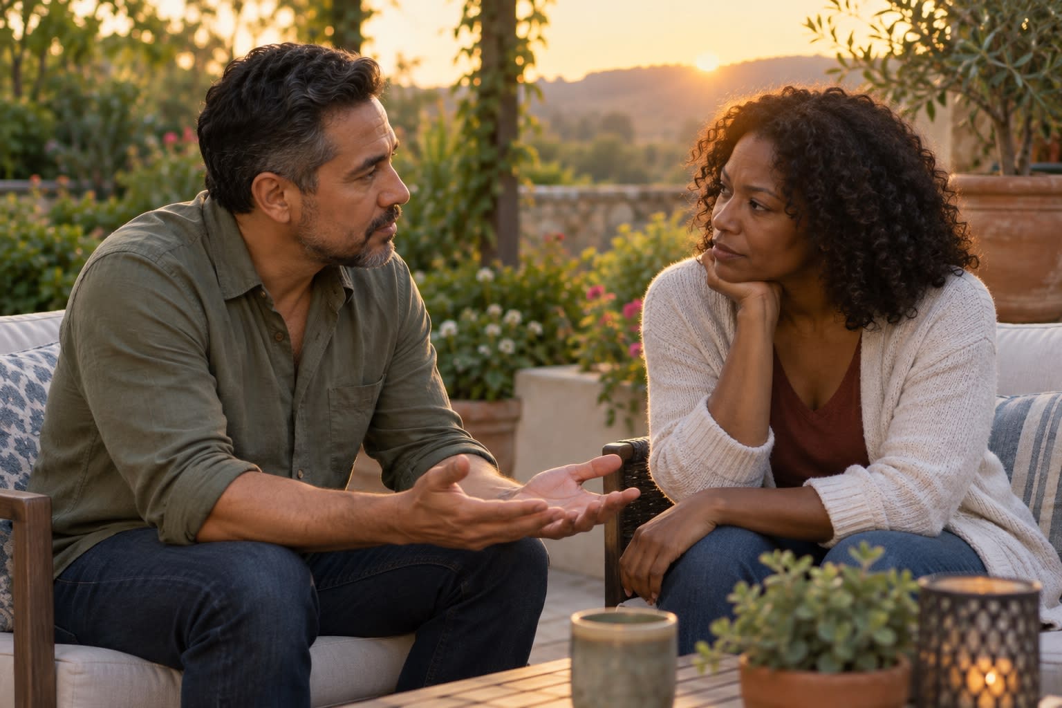 A couple talks across a patio table at sunset.