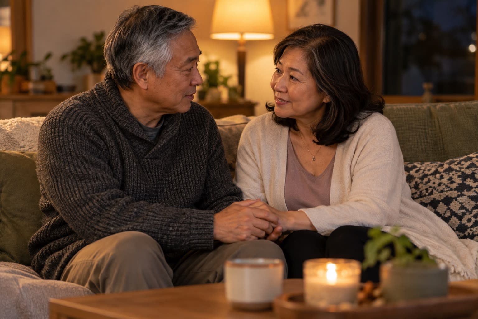 An older couple sits close on a couch, holding hands.