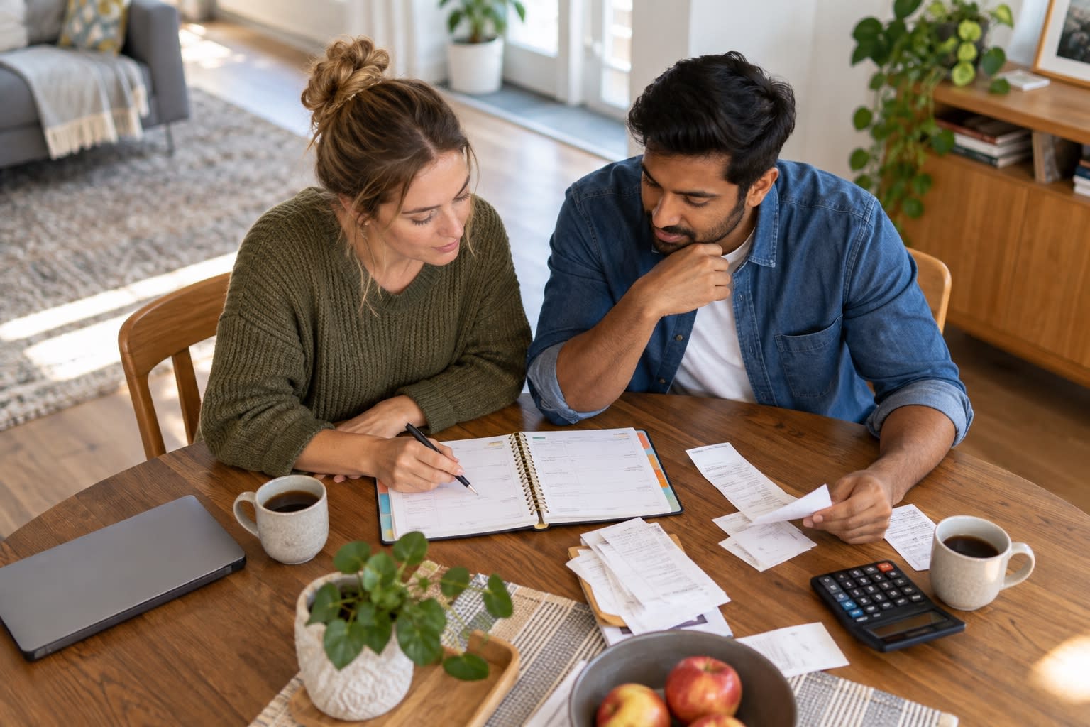 A couple reviews a planner, receipts, and a calculator at their dining table.