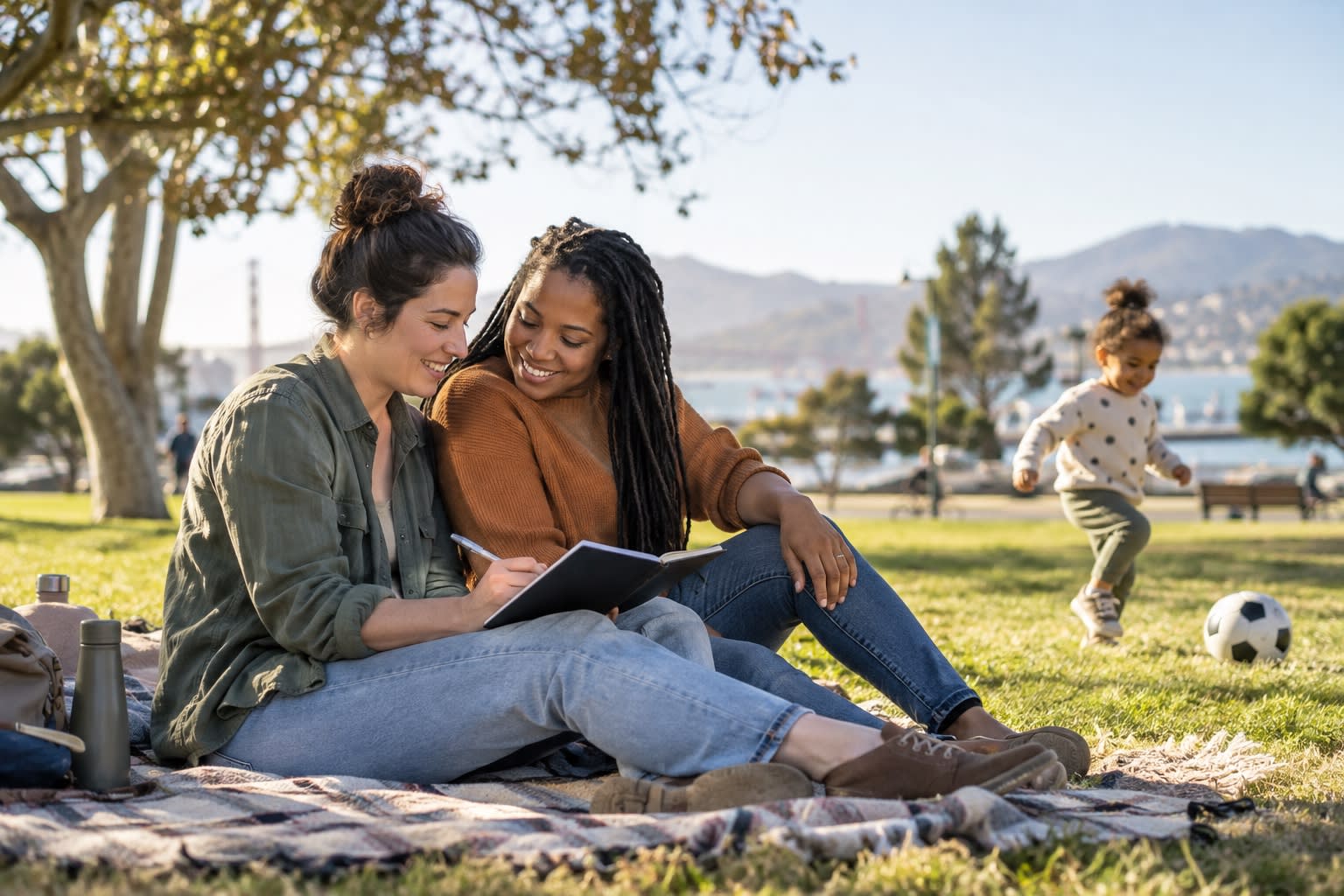 Two women write in a notebook on a picnic blanket while a child plays nearby.
