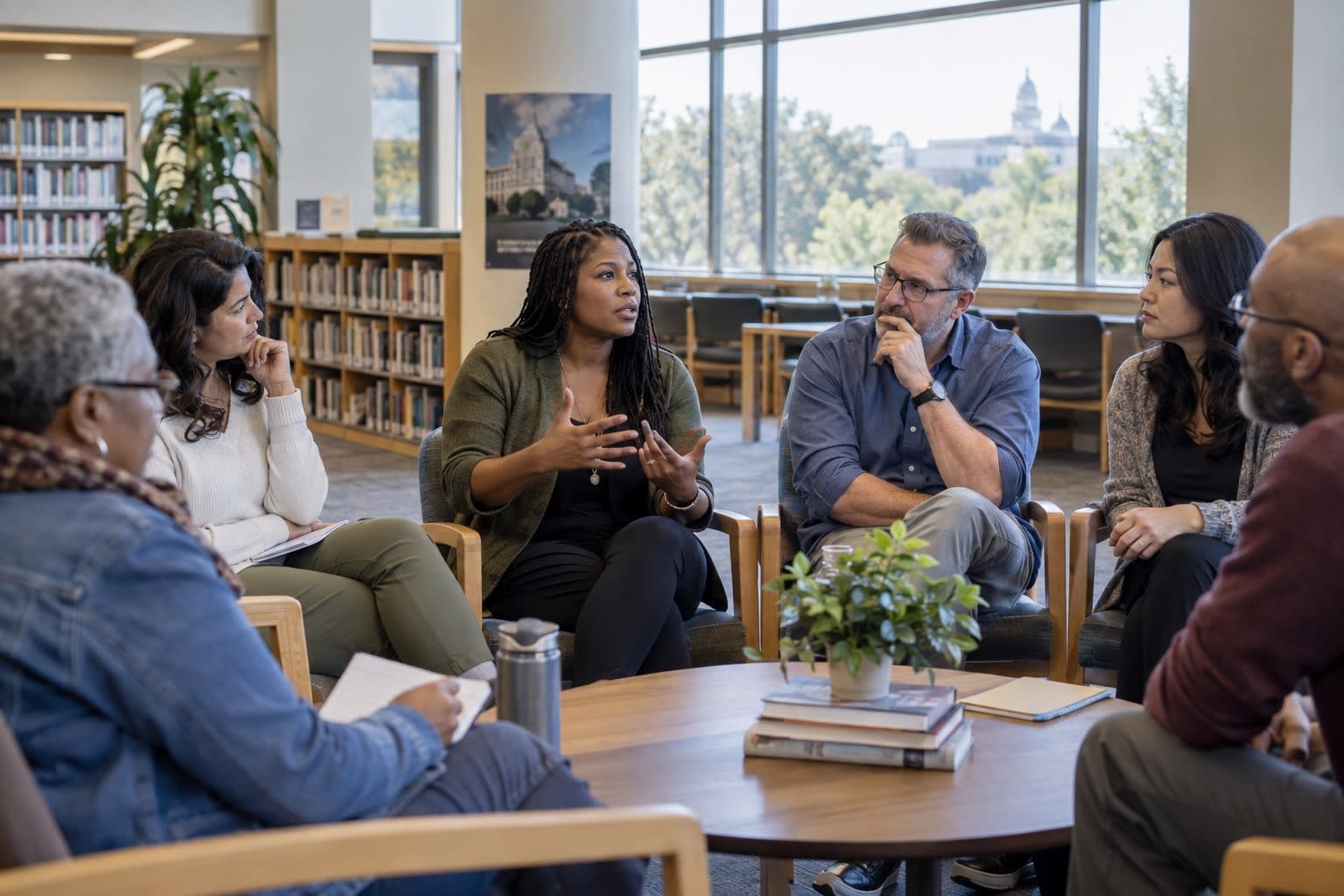 A diverse group sits in a circle in a bright library, listening as one woman speaks and gestures.