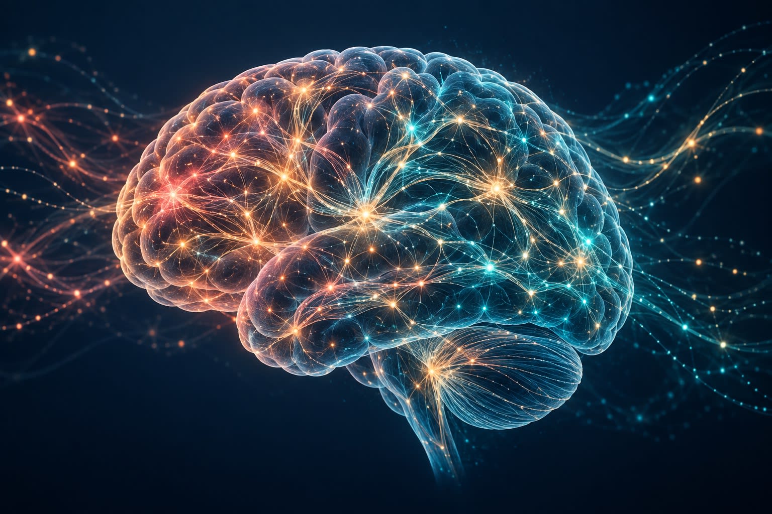 A digital illustration of a human brain glowing with neural connections, warm orange in front and cool blue in back, against a dark background.
