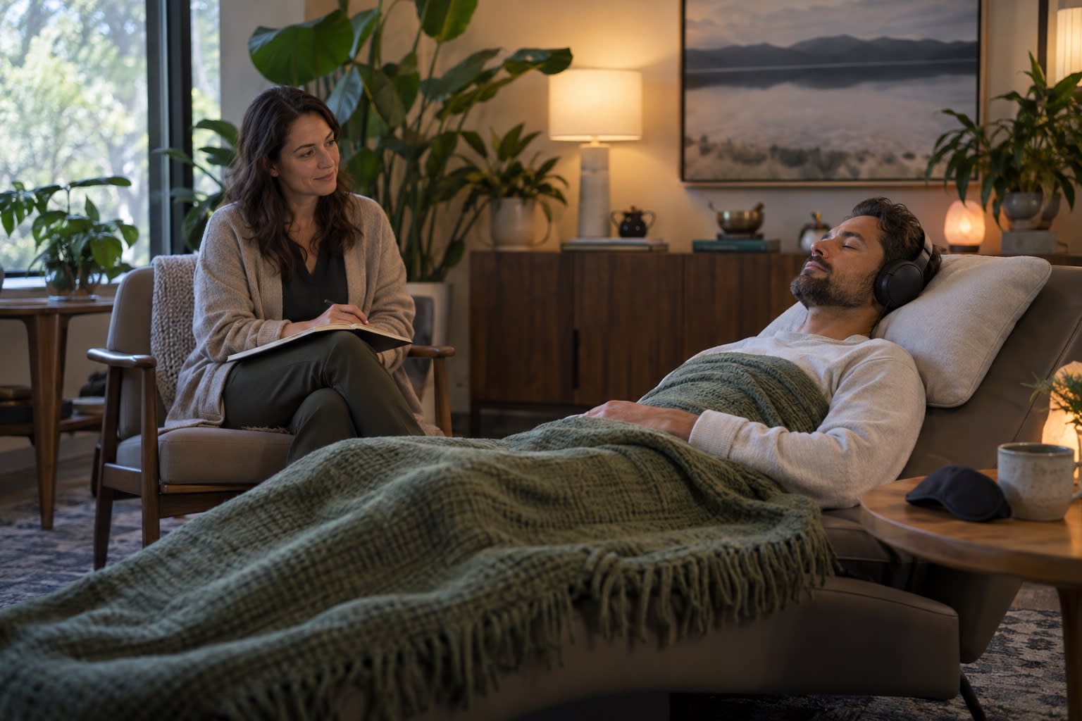 A man reclines with headphones and a blanket during a supervised psychedelic-assisted therapy session while a therapist takes notes nearby.