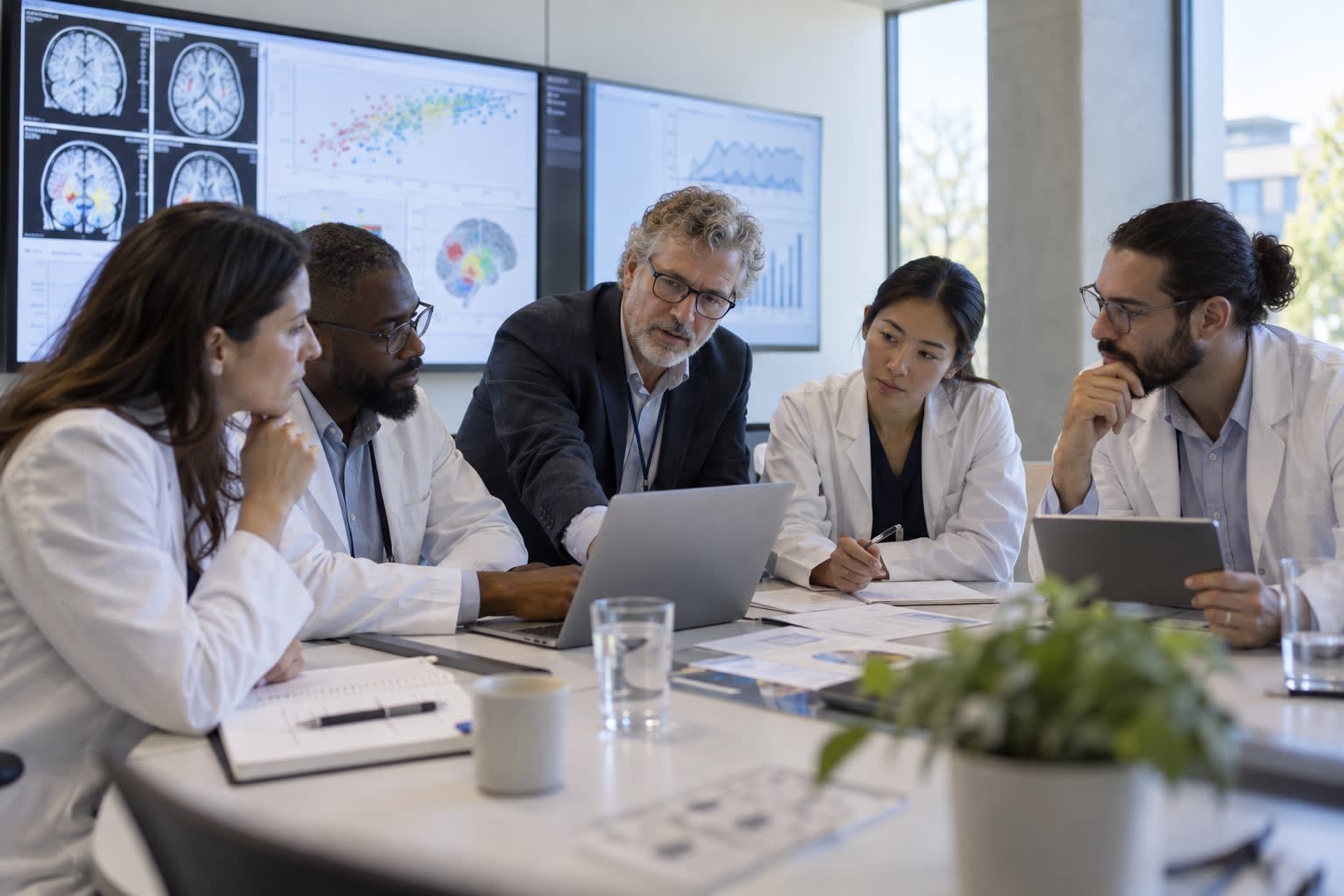 Five medical researchers in lab coats review brain scans and clinical data on large screens and a laptop.