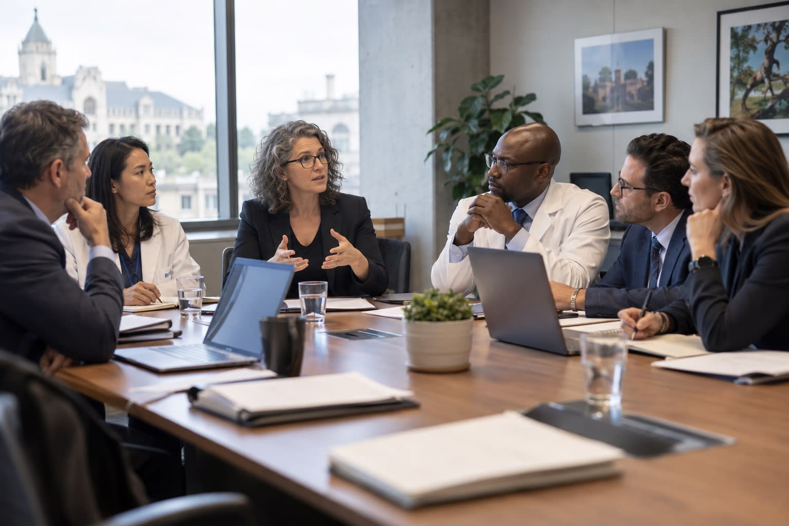 Medical professionals and policy experts sit around a conference table discussing healthcare regulation.
