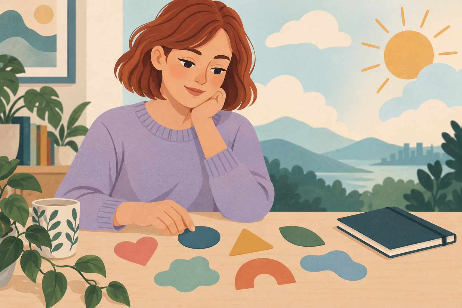 A woman sits at a desk sorting colorful abstract shapes that represent moods and emotions.