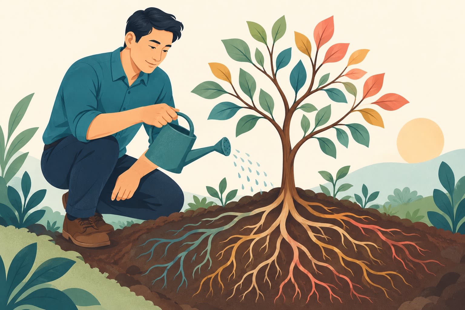 A man waters a small tree whose colorful roots show beneath the soil, a metaphor for early schemas and personal growth.