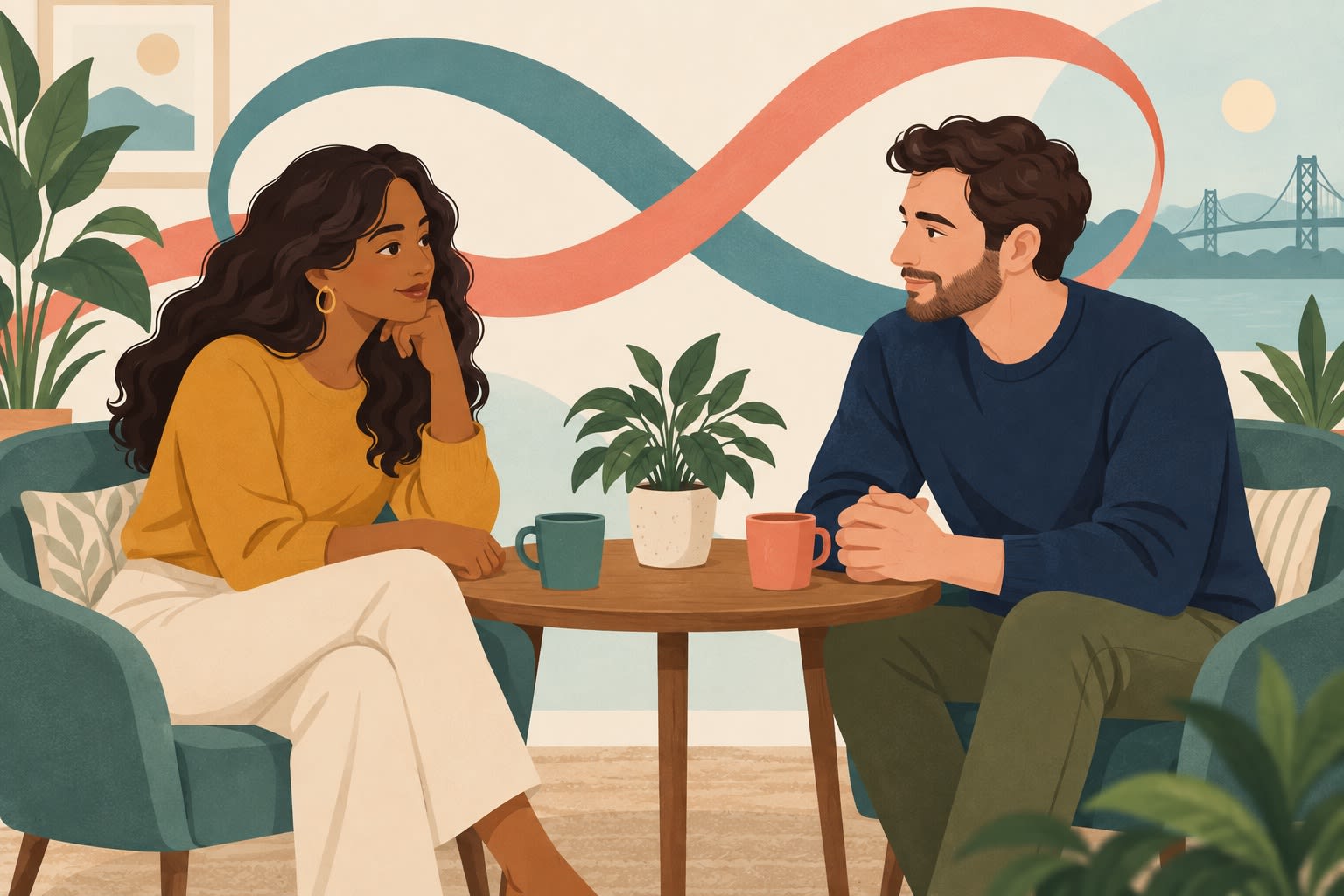 A man and a woman sit across a small table in conversation, with a stylized Bay Area bridge in the background.