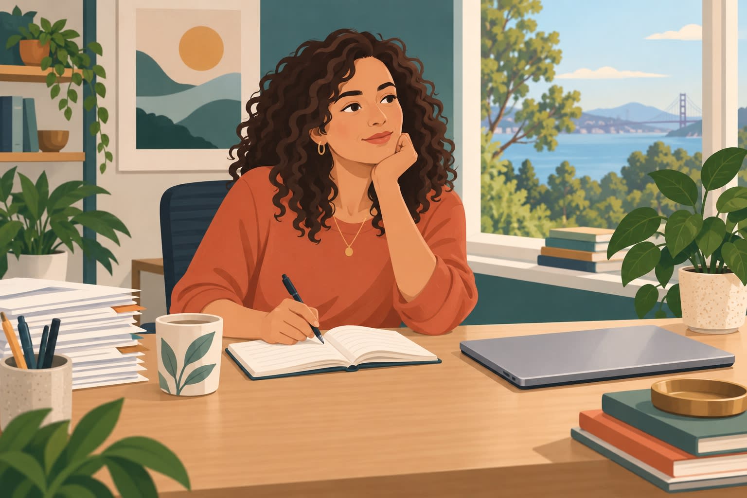 A woman journals at a desk overlooking the Golden Gate Bridge, reflecting on workplace patterns.