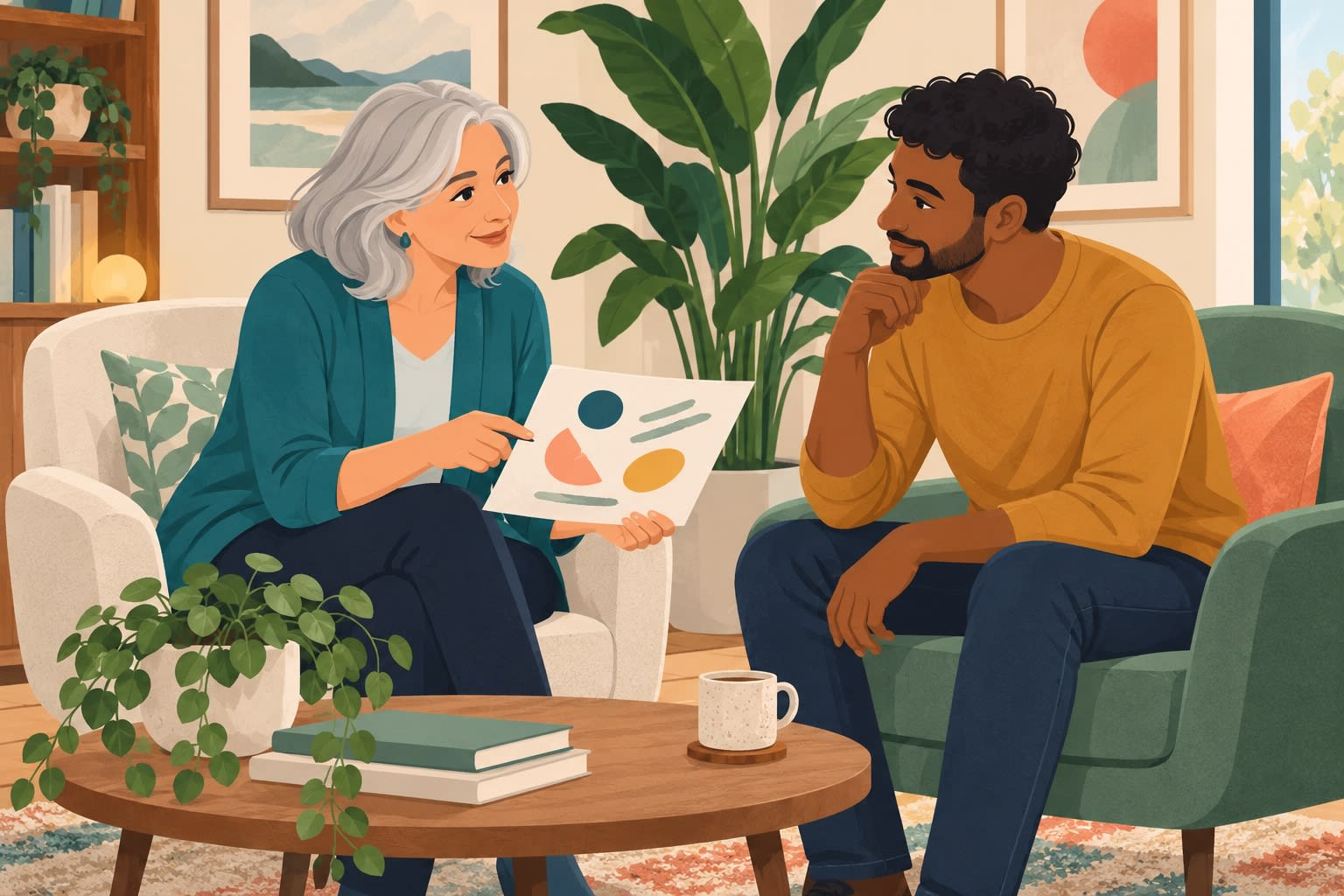 A therapist points to an assessment page while reviewing results with a client in a plant-filled office.