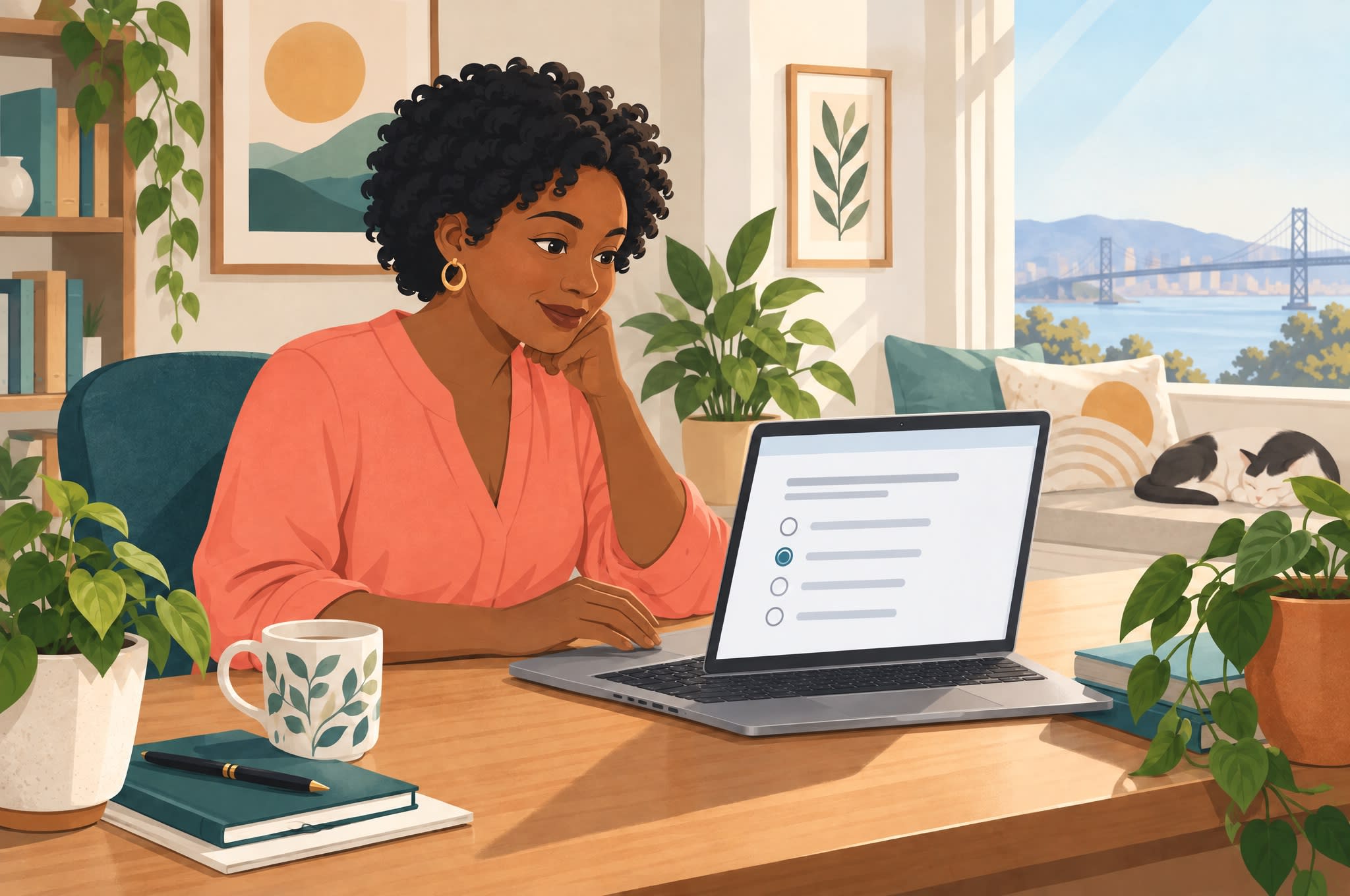 A woman takes an online mental health test on a laptop in a sunny home office with a view of the San Francisco Bay Bridge.