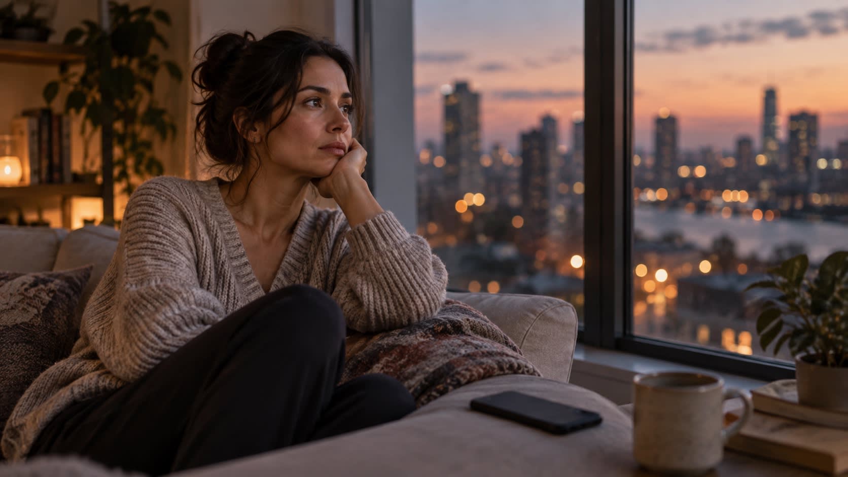 A woman sits on a sofa at dusk, chin in hand, looking out at a city skyline with her phone beside her.
