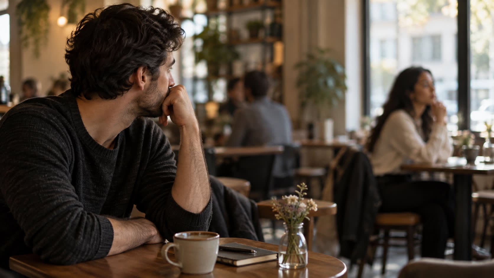 A man sits alone in a cafe, chin in hand, glancing toward a woman at another table.