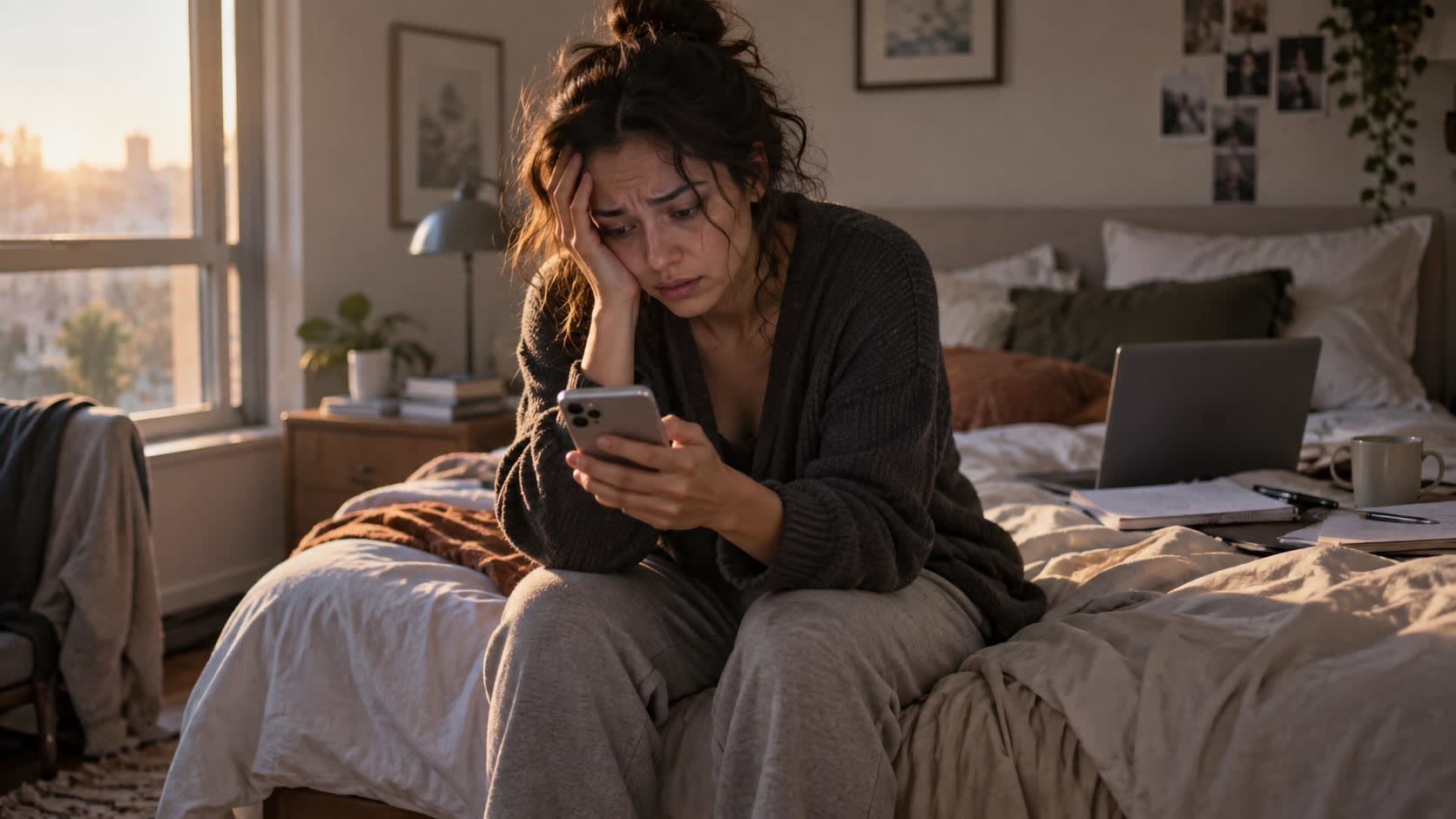 A woman lies in bed at night, staring at her phone in a dark bedroom.