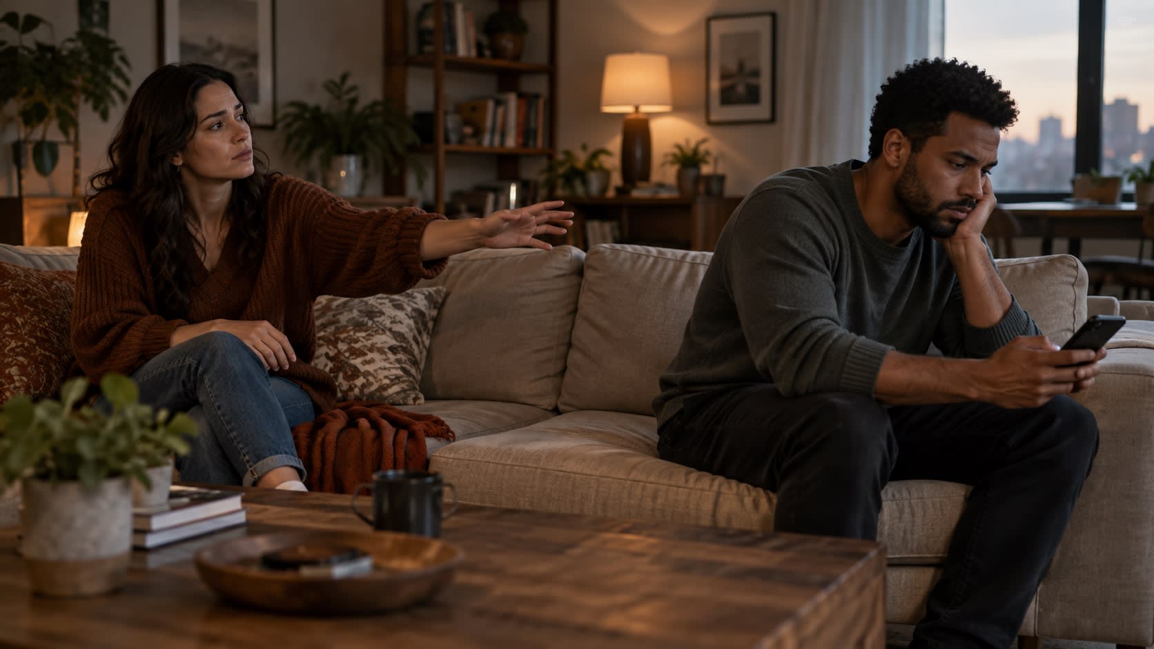 A couple sits at opposite ends of a sofa, looking away from each other.