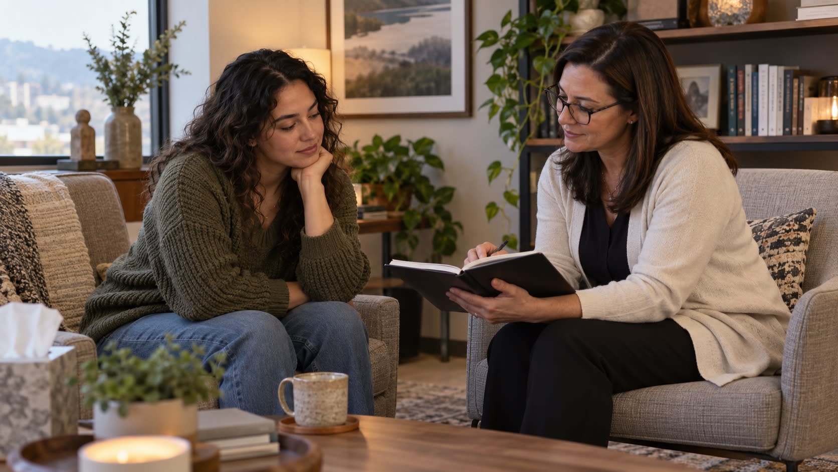 A client talks with a therapist who takes notes in a bright, plant-filled office.