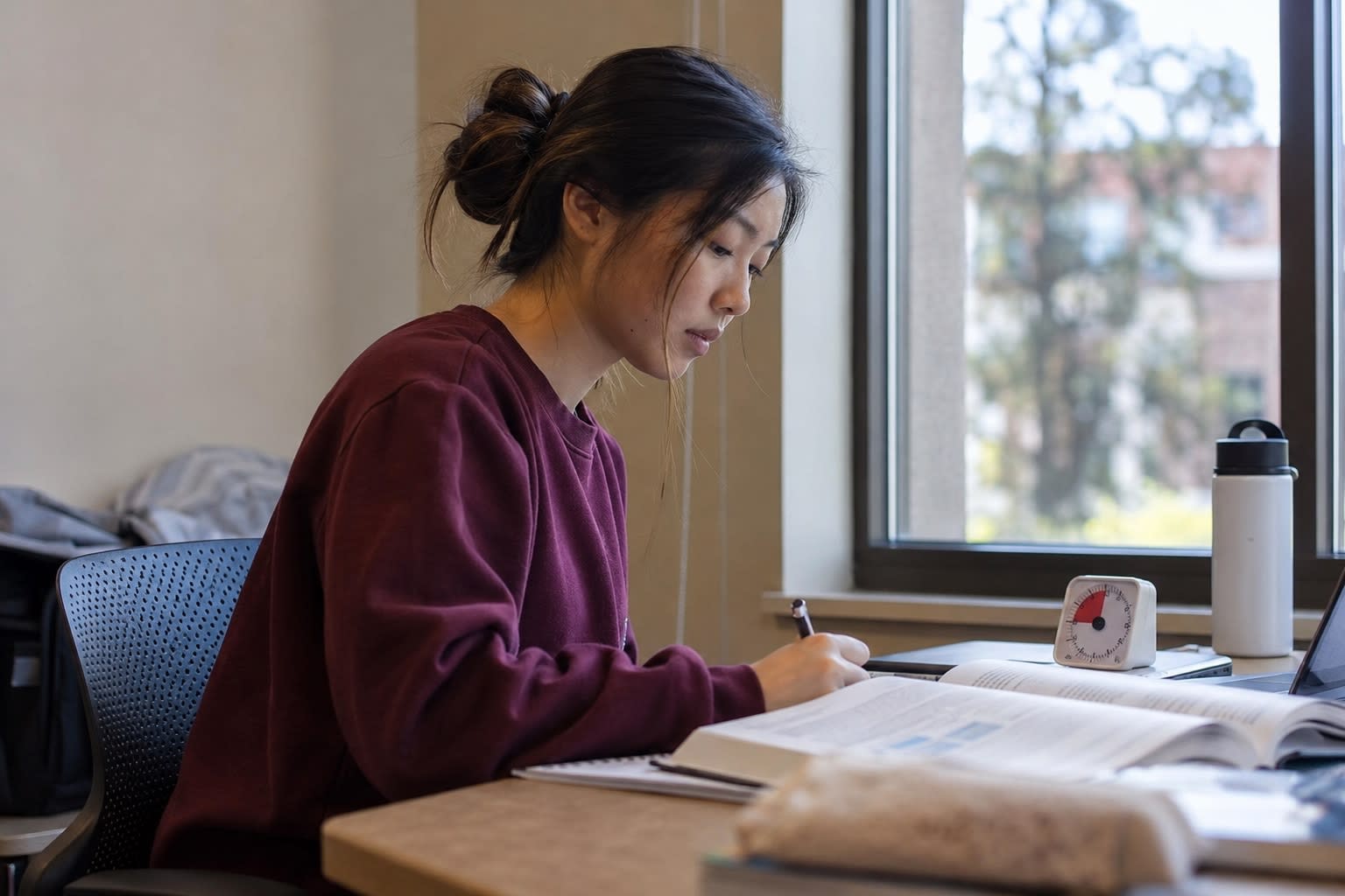 A student studies at a desk with an open textbook, timer, and water bottle, using structured supports common in ADHD educational accommodations.