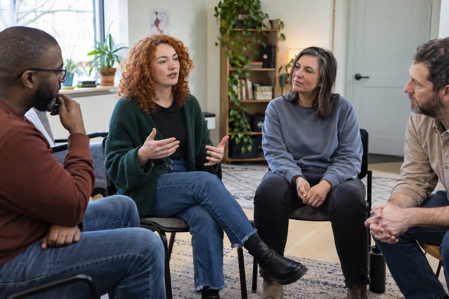 Four adults sit in a circle during a peer-support meeting, listening as one person speaks.