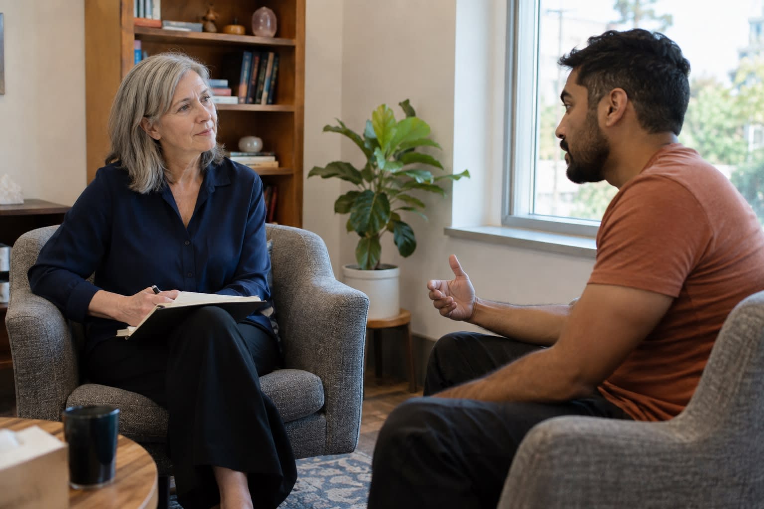 A therapist with a notebook listens to a client during an ADHD therapy session.